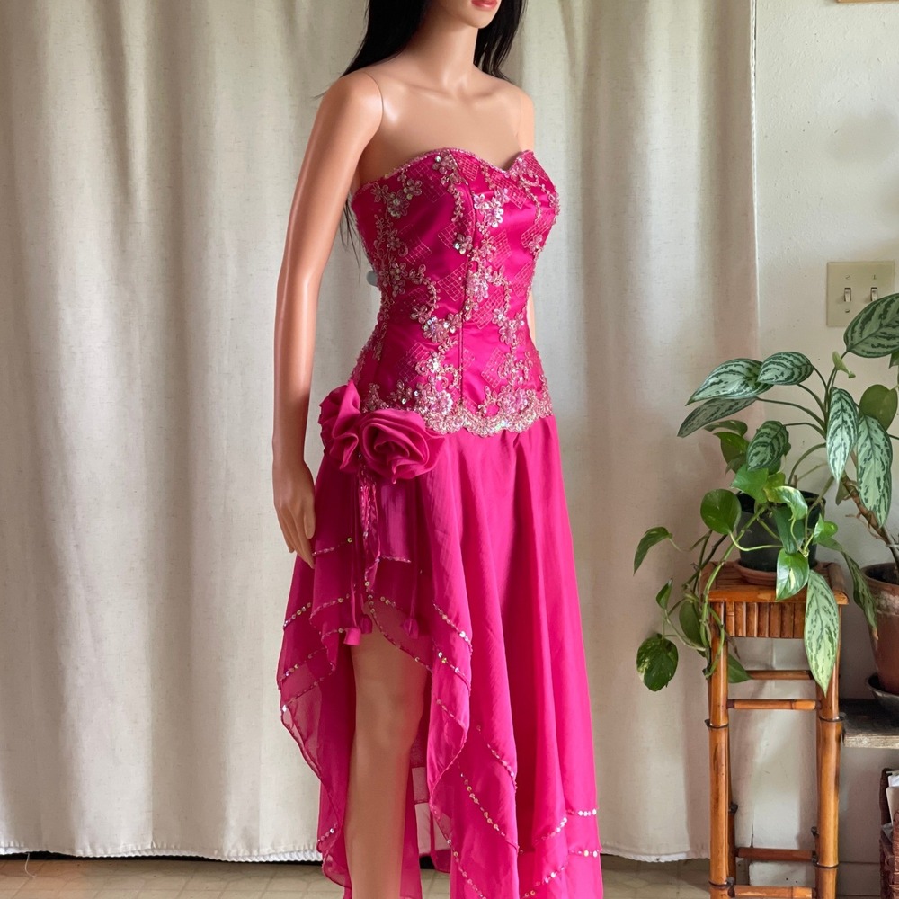 Vintage Y2K Handmade Fuchsia Pink Beaded Fairycore Strapless Prom Dress Gown‎ S